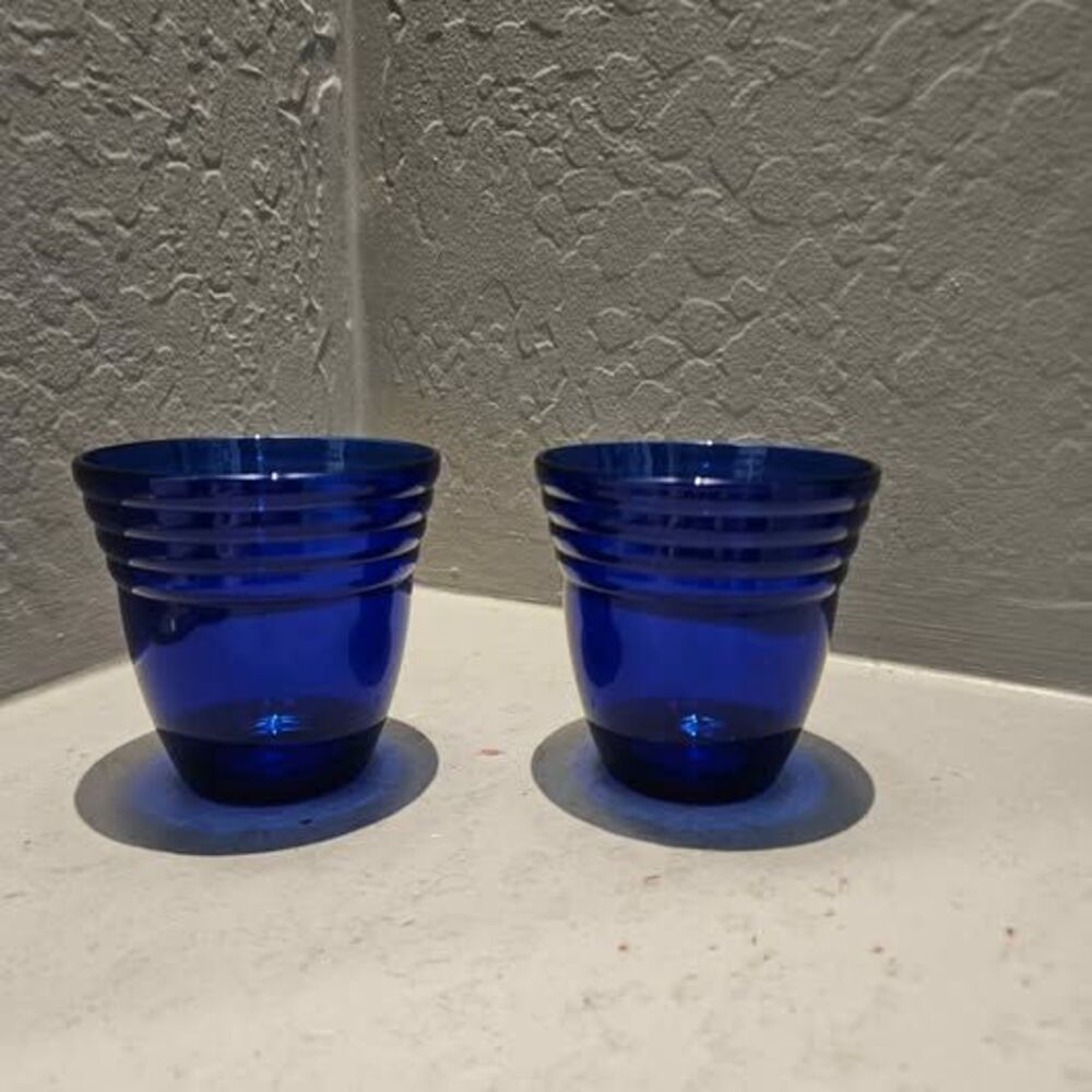Cobalt Blue Depression Glass Ribbed Glass Tumblers or bowls - Set of 2